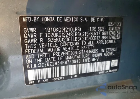 2023 Honda Hr-V Lx from USA, damaged, VIN 3CZRZ2H34PM740949